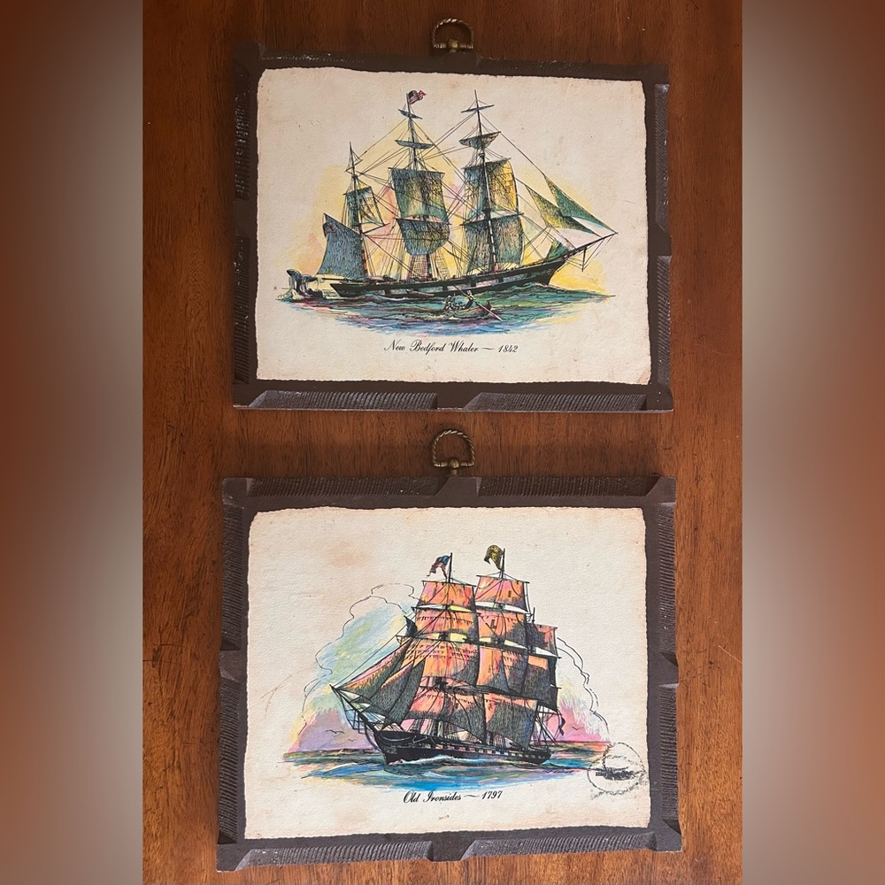 Set of 2 - Vintage Old Ironside Nautical Sailing Clipper Ship Wooden Wall Plaque